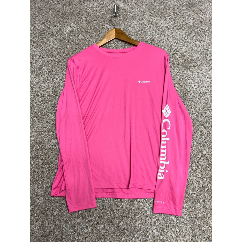 Columbia PFG Omni-Shade Long Sleeve Shirt Pink Graphic Logo Womens Large